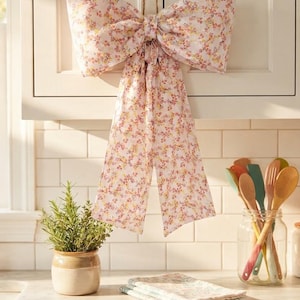 Bow | Fabric Bows | Flower Bow | Pink White Bow | Large Decorative Hanging Fabric  Bow