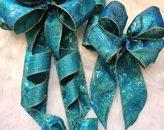 Peacock Bow | Fabric Ribbon Handmade Gift Bows | Peacock Feathers Teal Iridescent Satin Bow | Home Decorative | Bow