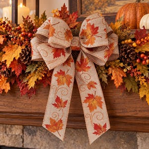 May include: A decorative bow made of tan hessian-style ribbon featuring a printed pattern of orange, red, and yellow maple leaves with swirling vine accents. The bow has two large loops and two long, hanging tails with wired, finished edges.