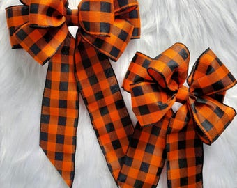 Bow | Fabric Ribbon Handmade Gift Bows | Buffalo Plaid Check Bow | Black Orange Bow | Home Decorative Bow
