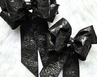 Black Bow | Fabric Gift Ribbon Handmade Bows | Black Floral Embossed Bow | Home Decorative | Halloween Bow
