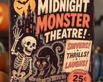 Spooky Halloween skeleton and black cat sign retro vintage style shelf sitter decor PL-143