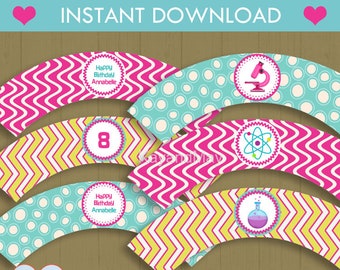 Science Party Cupcake Wrappers - Scientist party wrappers for cupcakes - science lab theme - INSTANT DOWNLOAD #P-54 - with editable text