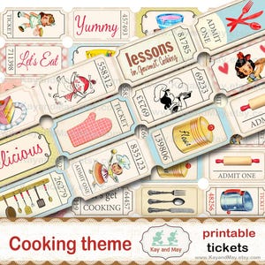 Bilhetes de COZINHA, folha de colagem para impressão de tiras de ingressos, enfeites de diário com tema de culinária retrô vintage, download digital instantâneo KM-74