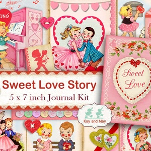 Kit de journaux indésirables LOVE THEME, pages de journal romantiques rétro, éphémères imprimables vintage, doux couples romantiques, téléchargement immédiat KM-38