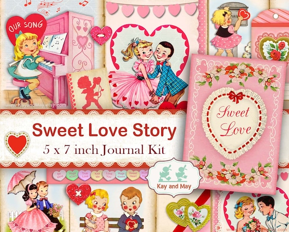 LOVE THEME junk journal kit, retro romance journal pages, vintage printable ephemera, sweet romantic couples, instant download KM-38 Il_570xn