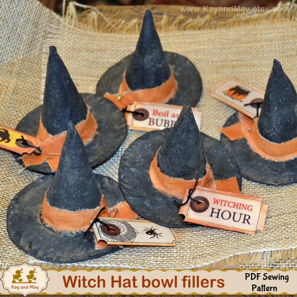 Primitive Witch Hat Pattern / Halloween bowl fillers sewing pattern / Autumn shelf sitter decor / Witch hats & tags / instant download MK-8