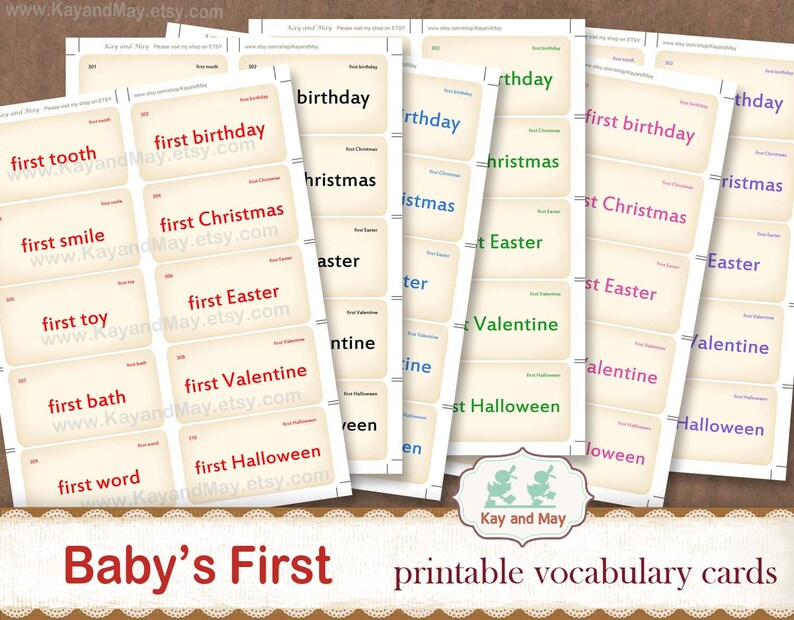 May include: Printable vocabulary cards for babies featuring the phrase "Baby's First" with various milestones such as first tooth, first birthday, first Christmas, first Easter, first Valentine, first Halloween, and first word. The cards are printed on a cream-colored background with red, green, purple, and blue text.