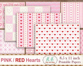 HEARTS printable papers, junk journal pages, background paper heart designs, baby pink journal paper, KayandMay digital download KM-123