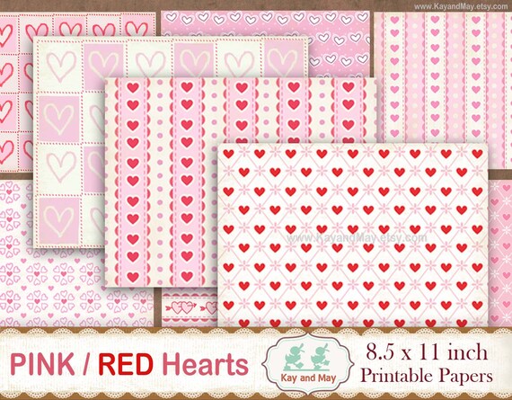 HEARTS printable papers, junk journal pages, background paper heart designs, baby pink journal paper, KayandMay digital download KM-123 Il_570xn