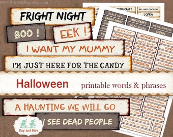 HALLOWEEN printable words & phrases, Halloween junk journal words, card making, paper craft embellishments, digital instant download KM-60