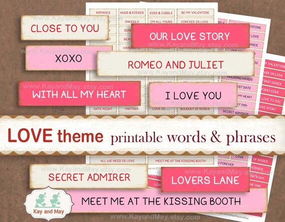 VALENTINE journal words, Love theme printable words and phrases, printable word embellishments for paper crafts, instant download KM-87 Il_570xn