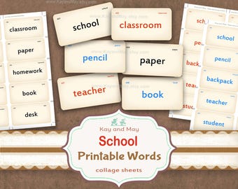 School Vocabulary Flashcards: Printable Classroom Word Cards junk journal scrapbook tags (Digital Download)