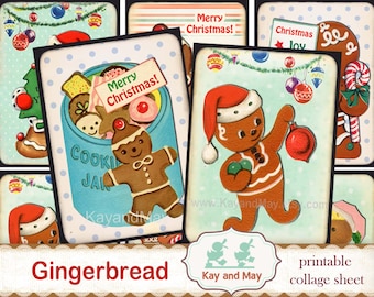 CHRISTMAS GINGERBREAD Cookie Tags, printable digital holiday images, cute vintage retro for crafts & decorations, instant download  KM-23