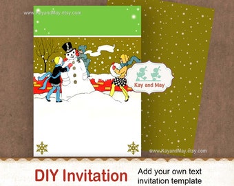 Christmas invitation / DIY party template / you add text invite / winter theme party / kids build a snowman invitation / art deco party / #1