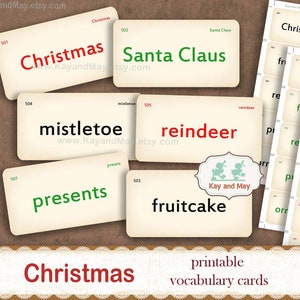 CHRISTMAS vocabulary flashcards, printable Christmas junk journal word cards, Christmas paper craft, KayandMay instant download KM-120