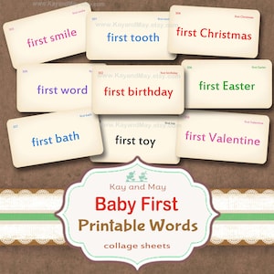 Baby's First words Vocabulary Cards printable journal scrapbook tags Christmas Easter first tooth first bath first toy (digital Download) image 1