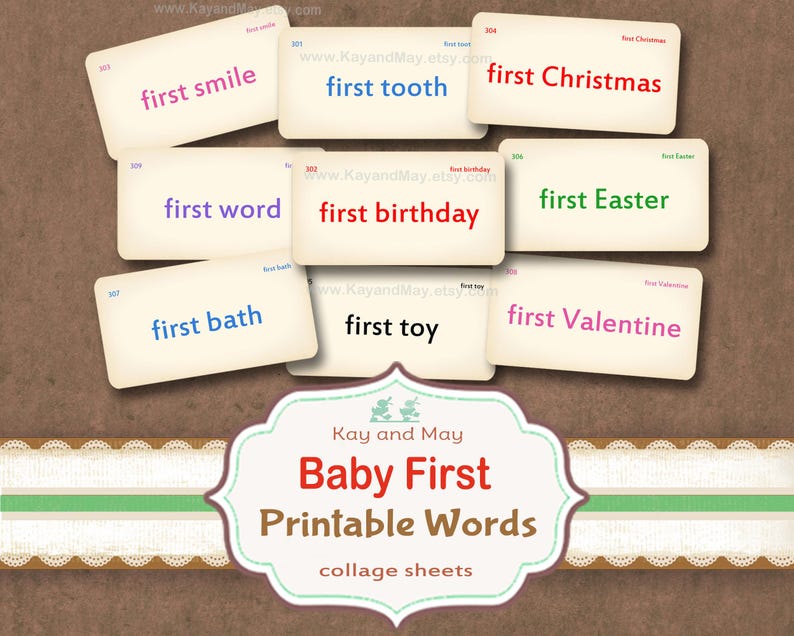 Baby's First words Vocabulary Cards printable journal scrapbook tags Christmas Easter first tooth first bath first toy (digital Download) image 1