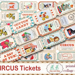 CIRCUS tickets, printable collage sheet of ticket strips, vintage retro circus journal embellishments, digital instant download KM-101 image 1