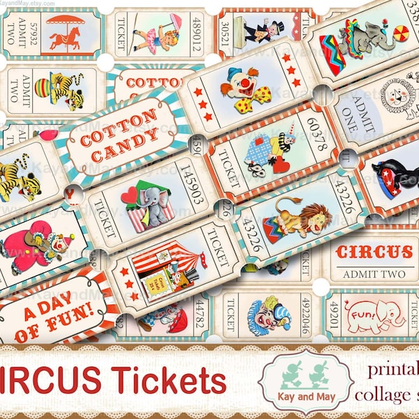 CIRCUS tickets, printable collage sheet of ticket strips, vintage retro circus journal embellishments, digital instant download KM-101