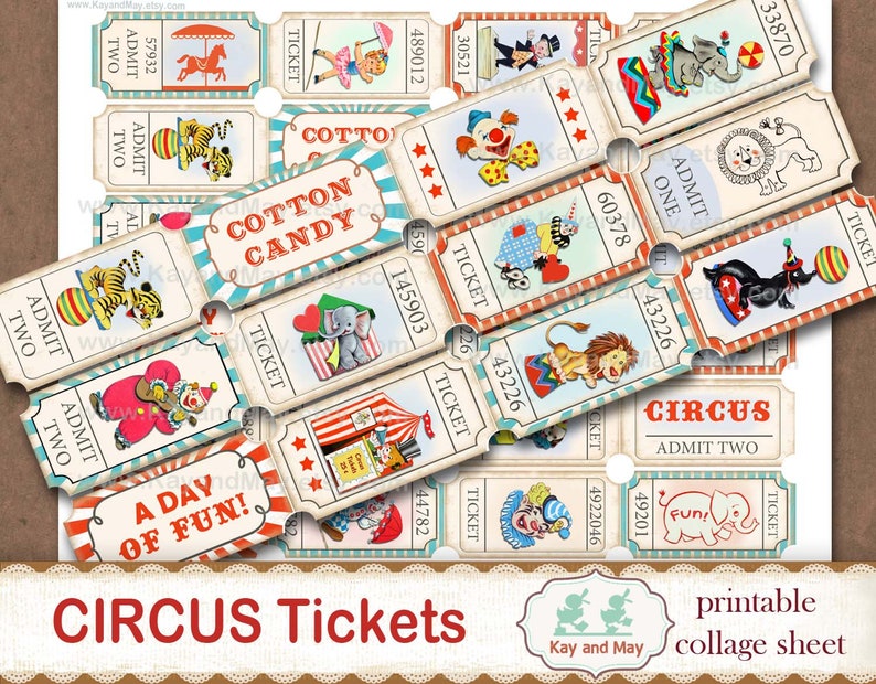 CIRCUS tickets, printable collage sheet of ticket strips, vintage retro circus journal embellishments, digital instant download KM-101 image 1