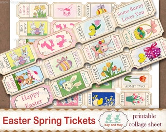 PASEN LENTE tickets, afdrukbaar collageblad van ticketstrips, vintage retro dagboekversieringen, digitale instant download KM-89