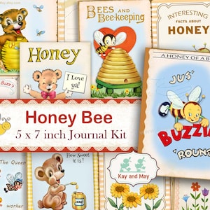 BEEKEEPER junk journal kit, journal pages, honey bees, cute bear, bee-keeper, spring, summer journal kit, KayandMay digital download KM-135