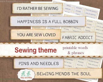 SEWING journal words, printable words and phrases, sewing theme junk journal embellishments, paper craft, instant download KM-50