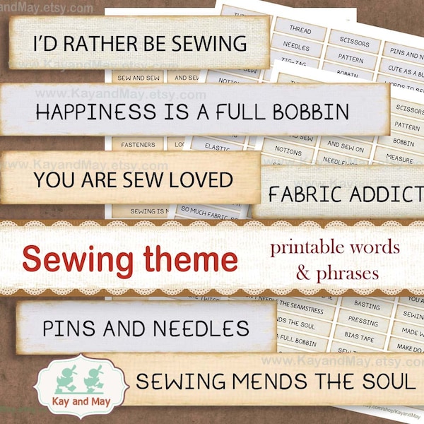 SEWING journal words, printable words and phrases, sewing theme junk journal embellishments, paper craft, instant download KM-50