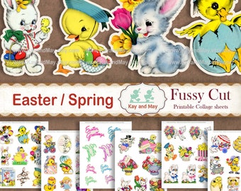 EASTER printable fussy cut images, rabbits, Easter bunnies, bunny, chicks, junk journal, KayandMay, instant digital download KM-96