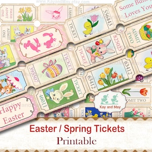 Easter Tickets Printable retro Spring journal embellishments bunny rabbit eggs flowers ticket strips (Digital Download KM-89)