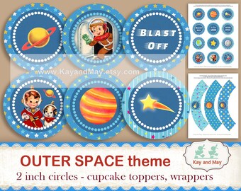SPACE party printable cupcake toppers, cupcake wrappers, tags, circles, planets, printable astronaut party favors, digital download KM-107