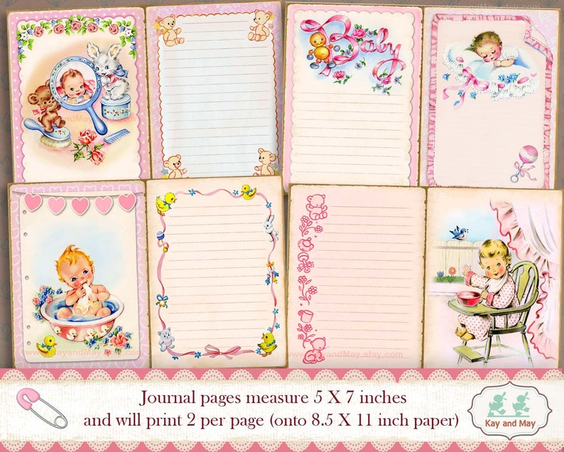 BABY junk journal kit, retro baby girl journal pages, vintage printable ephemera, letters to baby journal, instant download KM-40 image 2