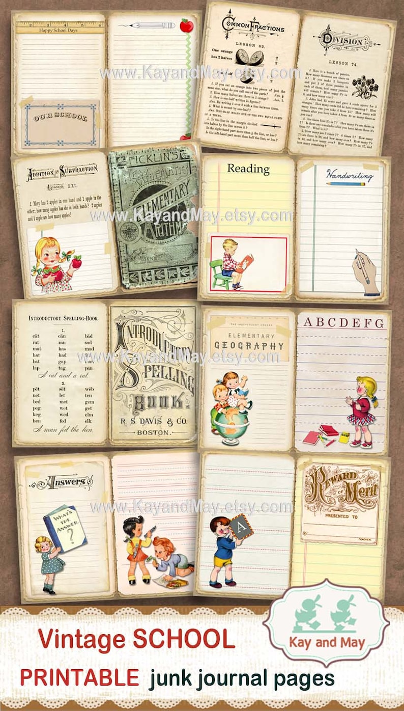 VINTAGE SCHOOL junk journal pages, vintage school book pages, antique school book printable pages, KayandMay digital download KM-131 image 2