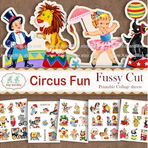 CIRCUS printable fussy cut images, clowns, elephants, lions, carousel horse, circus junk journal, KayandMay, instant digital download KM-104