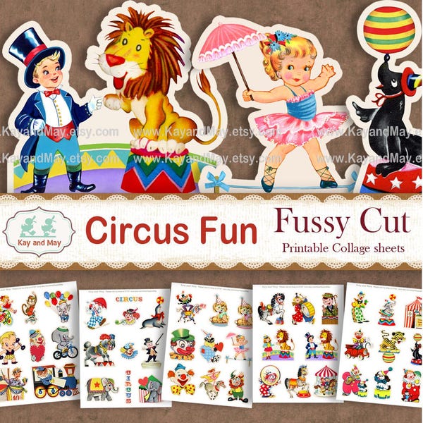 Circus Fussy Cut Images: Clowns, Lions, Carousel Horse (Digital Download)