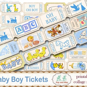 BABY BOY tickets, printable collage sheet of ticket strips, vintage retro baby boy theme journal embellishments, instant download KM-72