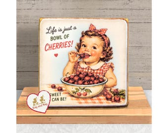 Little Girl with Cherries tiered tray shelf sitter retro style wood block decor WB-275