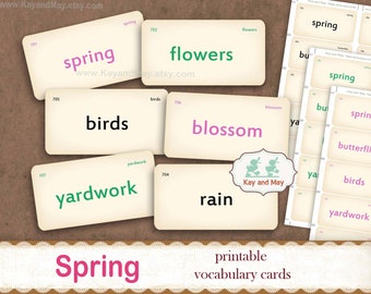 SPRING vocabulary flashcards, printable Spring junk journal word cards, DIY paper craft, vocabulary words, digital instant download KM-165