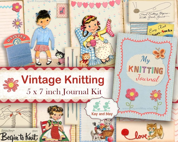 KNITTING junk journal kit - Vintage knitting, crochet journal pages - book diary - PDF digital printable ephemera - instant download KM-43 Il_570xn