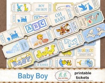 BABY BOY tickets, printable collage sheet of ticket strips, vintage retro baby boy theme journal embellishments, instant download KM-72