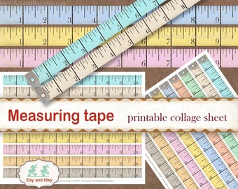 MEASURING TAPE printable collage sheet, vintage sewing theme junk journal embellishments, rulers, paper craft, instant download KM-63