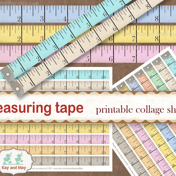 MEASURING TAPE printable collage sheet, vintage sewing theme junk journal embellishments, rulers, paper craft, instant download KM-63