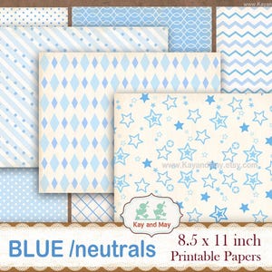 BLUE printable digital papers, junk journal pages, background paper designs, baby blue journal paper, KayandMay instant download KM-115