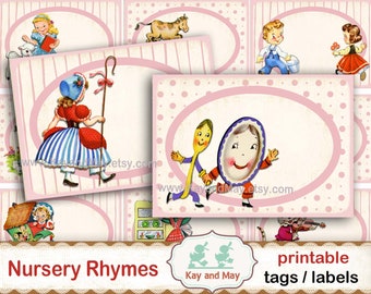 Nursery Rhyme tags, junk journal tags, baby cadeau tags, afdrukbare labels, retro tags, retro labels, digitale download KM-141