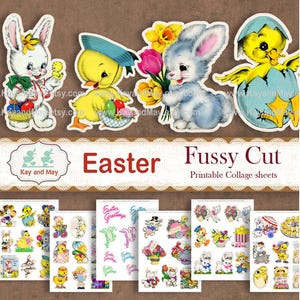 OSTERN druckbare pingelige Schnittbilder, Kaninchen, Osterhasen, Kaninchen, Küken, Junk Journal, KayandMay, sofortiger digitaler Download KM-96
