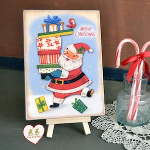 Santa with Gifts Kitschy retro Christmas Plaque Vintage Style handmade sign decor (PL-9)