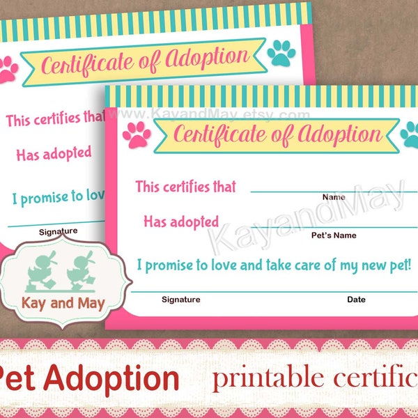 PET ADOPTION Certificate, adopt a pet party, printable puppy, dog, kitten, cat, stuffed animal, toy, doll adoption, instant download #KM-20