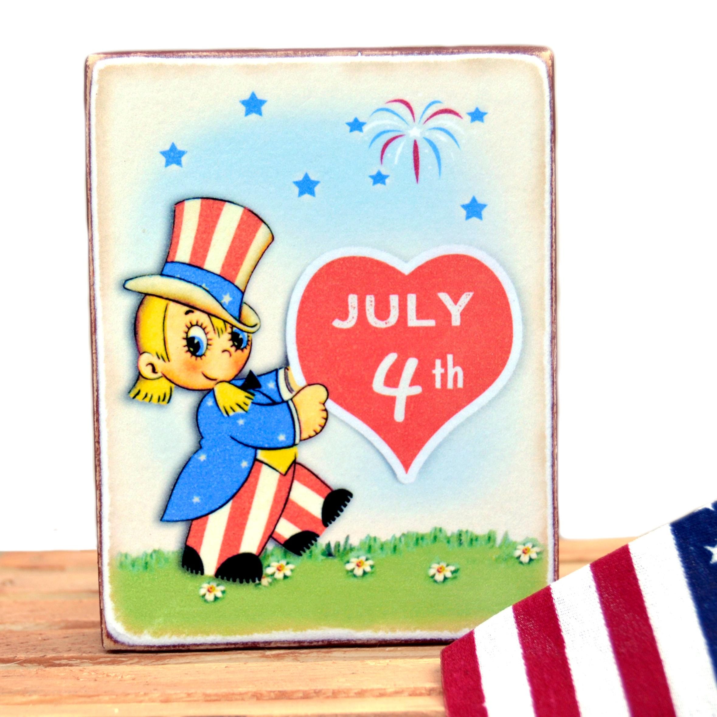 Uncle Sam July 4th wood block sign / cute patriotic vintage style Summer shelf sitter, tiered tray retro Americana 4th of July sign WB-137