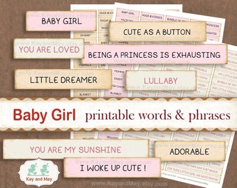 BABY GIRL journal words, printable words and phrases, baby girl printable word embellishments for paper crafts, instant download KM-48